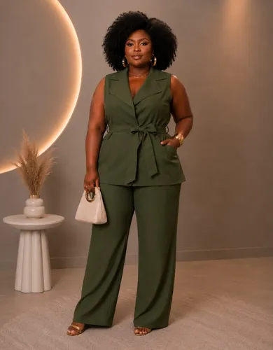 Conjunto Feminino Elegante de 2 Peças – Colete Alongado e Calça Pantalona Verde Militar