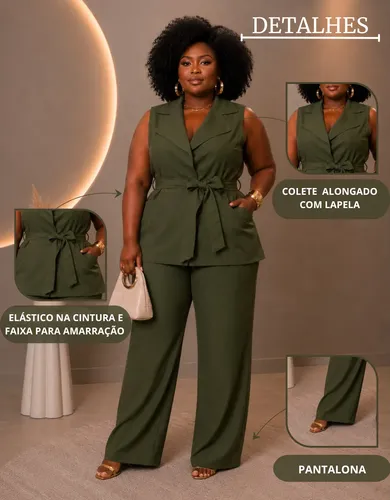 Conjunto Feminino Elegante de 2 Peças – Colete Alongado e Calça Pantalona Verde Militar — 3